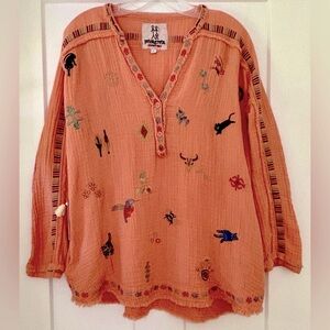 NWT Johnny Was Pete & Greta Southwest "Tex" Embroidered Cotton Gauze Top Coral S